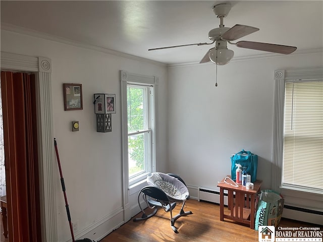 interior space featuring plenty of natural light, crown molding, light hardwood / wood-style flooring, and a baseboard radiator