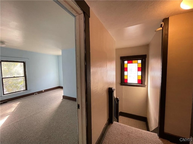 hallway featuring light carpet and a textured ceiling