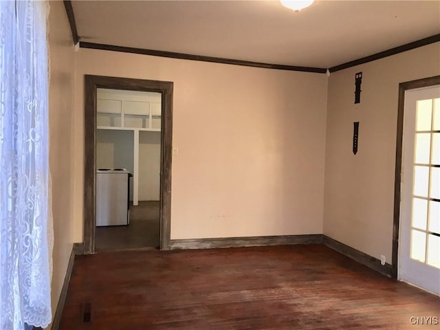 6179 State Highway 29a, Stratford, NY 13329 - empty room featuring ornamental molding, dark wood-type flooring, washer / clothes dryer, and plenty of natural light
