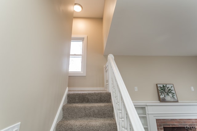 staircase featuring carpet flooring