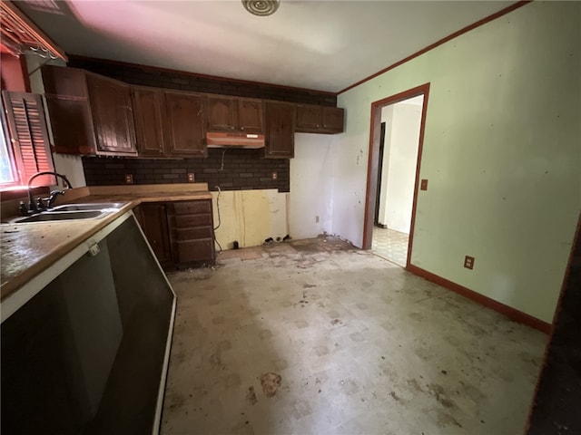 kitchen with dark brown cabinetry, sink, and tasteful backsplash