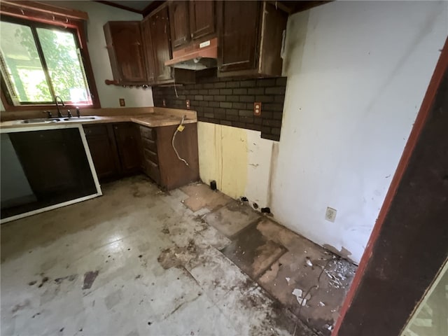 kitchen with dark brown cabinets, sink, and decorative backsplash