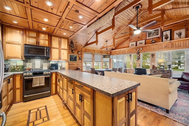 kitchen with stainless steel stove, wooden ceiling, light hardwood / wood-style floors, and plenty of natural light