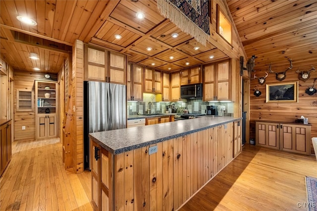 kitchen featuring appliances with stainless steel finishes, wooden walls, light hardwood / wood-style floors, kitchen peninsula, and wooden ceiling