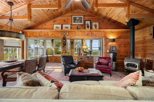 living room featuring wood walls, wooden ceiling, a healthy amount of sunlight, and a wood stove