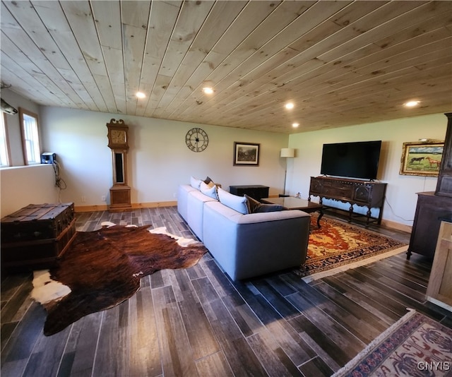 living room with dark hardwood / wood-style flooring and wood ceiling