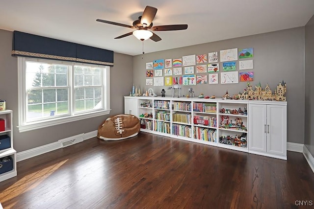 rec room featuring ceiling fan and hardwood / wood-style flooring