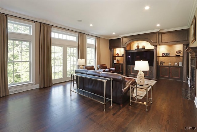 living room featuring a large fireplace, crown molding, and dark hardwood / wood-style floors