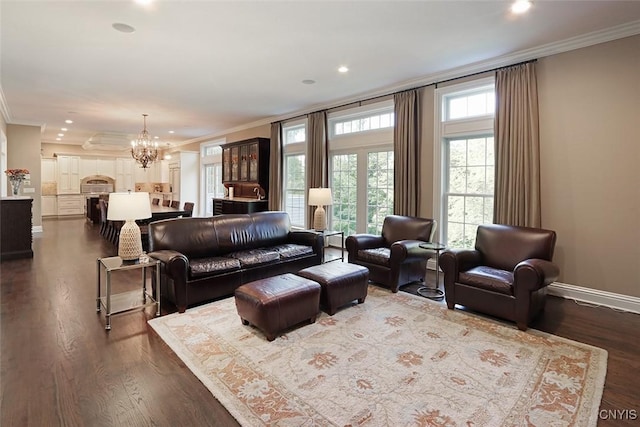 living room featuring dark wood-type flooring and ornamental molding