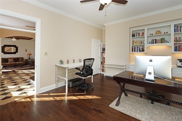 office space with ceiling fan, built in features, dark hardwood / wood-style flooring, and ornamental molding