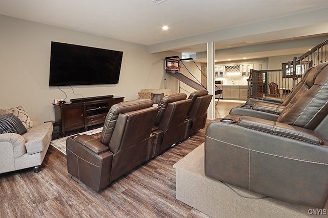 home theater featuring hardwood / wood-style flooring