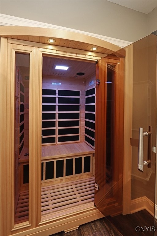 view of sauna with hardwood / wood-style flooring