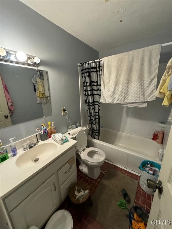 full bathroom with shower / bath combination with curtain, vanity, tile patterned flooring, and toilet