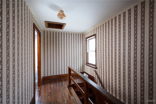 hallway with ornamental molding and dark hardwood / wood-style flooring