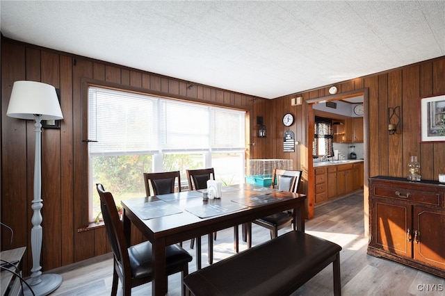 dining room featuring wooden walls, light hardwood / wood-style flooring, and a healthy amount of sunlight