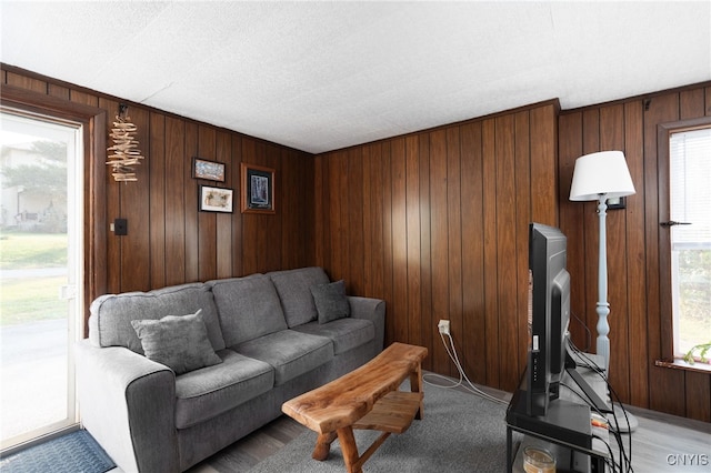 living room with a textured ceiling, wooden walls, and a healthy amount of sunlight