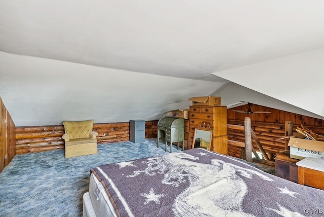 carpeted bedroom featuring lofted ceiling