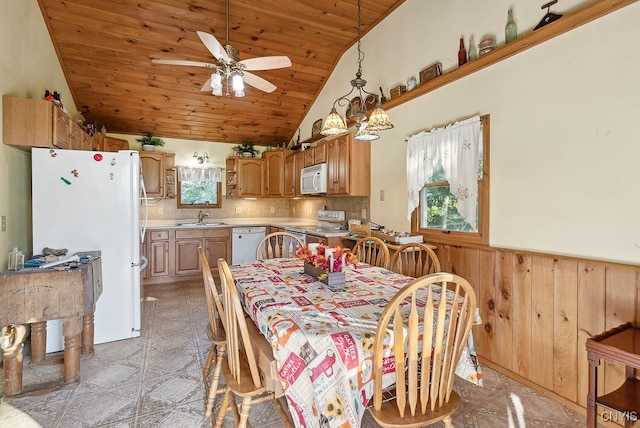 dining space featuring sink, lofted ceiling, wooden walls, wood ceiling, and ceiling fan with notable chandelier