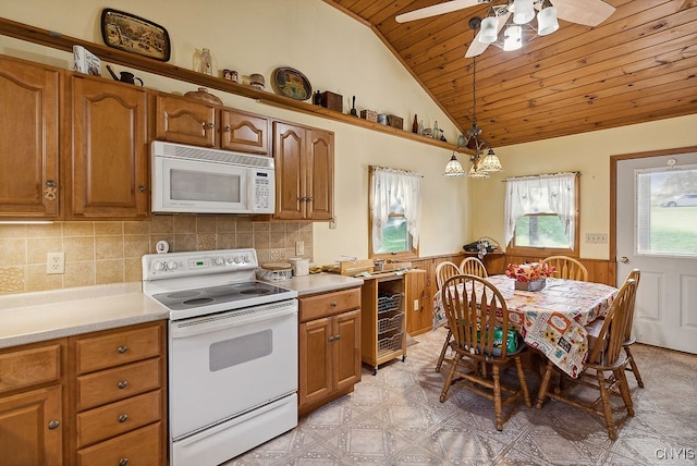 kitchen with ceiling fan, wooden ceiling, hanging light fixtures, vaulted ceiling, and white appliances