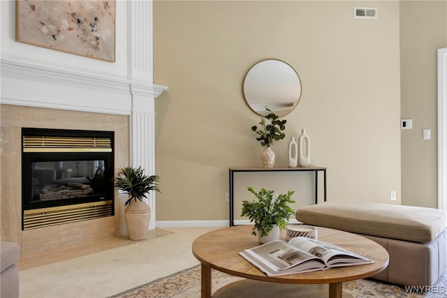 living area with tile patterned flooring