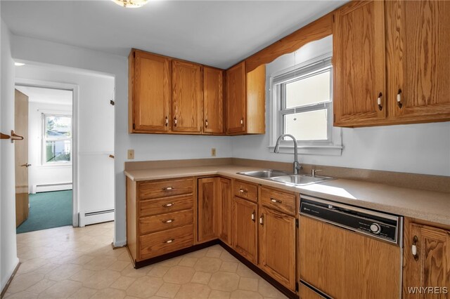 kitchen featuring sink, paneled dishwasher, and a baseboard heating unit