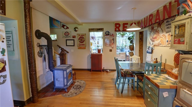 dining room featuring light wood-type flooring and radiator