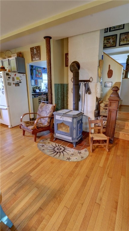 living room with a wood stove and light wood-type flooring