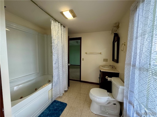 full bathroom with vanity, shower / tub combo with curtain, toilet, and tile patterned flooring