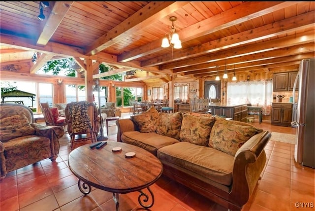 living room with light tile patterned flooring, wood ceiling, and beam ceiling