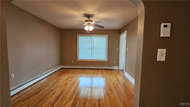 unfurnished room with ceiling fan, baseboard heating, and light hardwood / wood-style floors