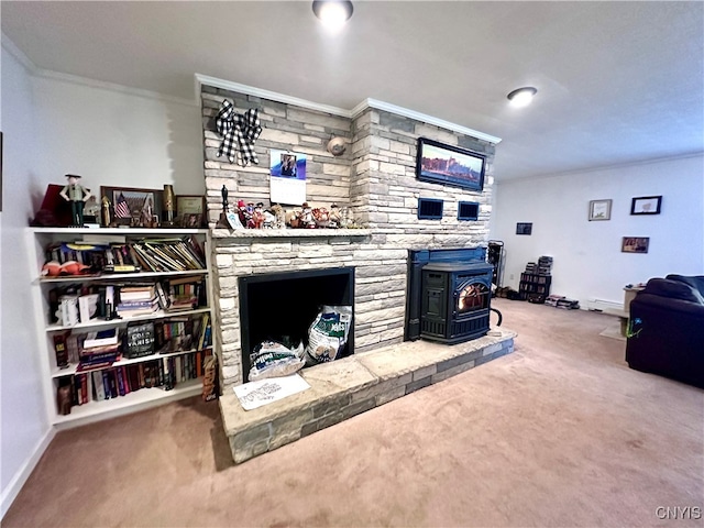 carpeted living room with a wood stove and ornamental molding