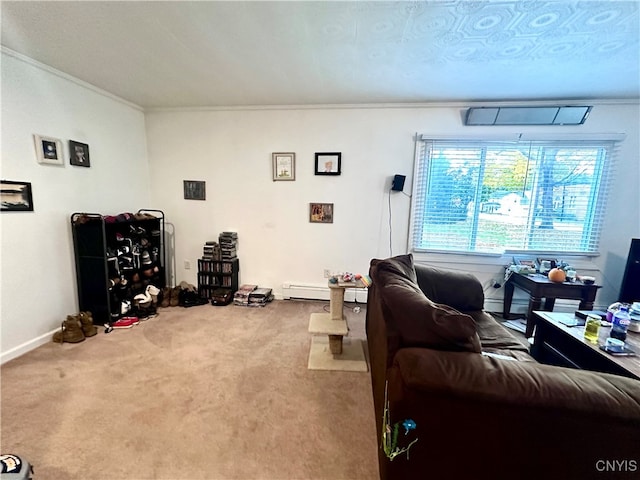 living room featuring crown molding, a baseboard heating unit, and carpet flooring