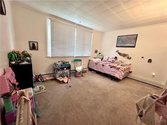 carpeted bedroom with a baseboard heating unit