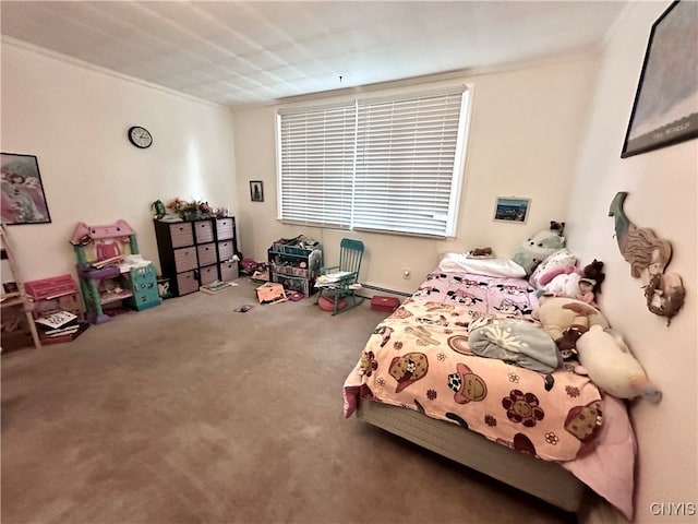 carpeted bedroom with a baseboard radiator