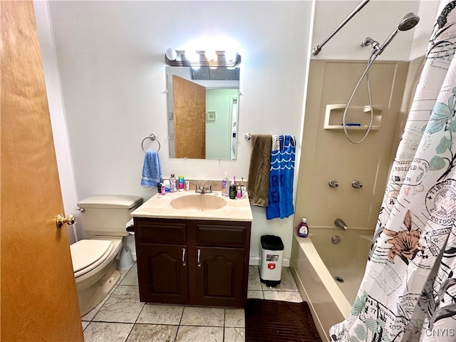 full bathroom featuring vanity, shower / tub combo, and toilet