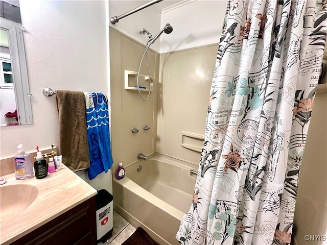 bathroom with vanity and shower / tub combo with curtain