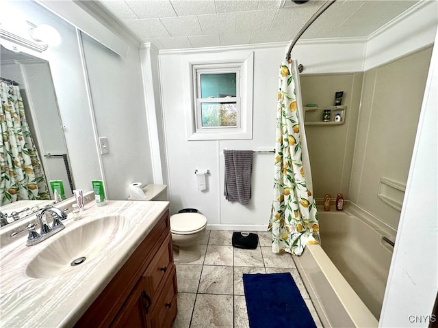 full bathroom with shower / bath combination with curtain, vanity, tile patterned floors, crown molding, and toilet