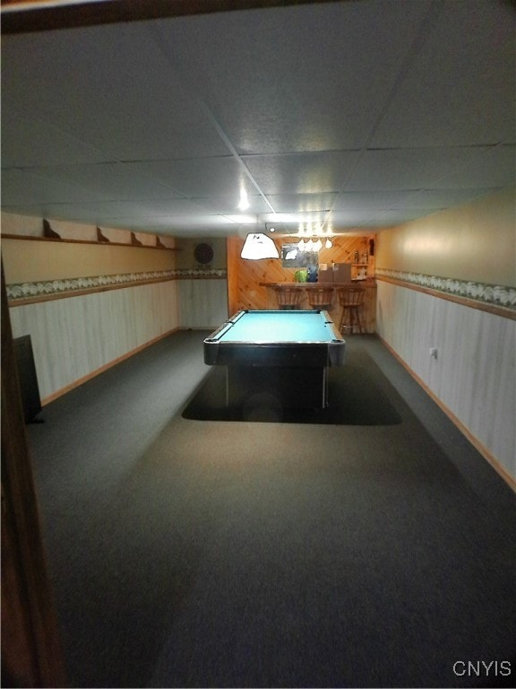 game room featuring carpet, a drop ceiling, and pool table