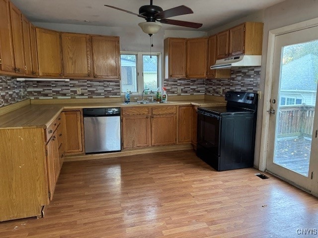 kitchen with sink, tasteful backsplash, stainless steel dishwasher, light hardwood / wood-style flooring, and electric range