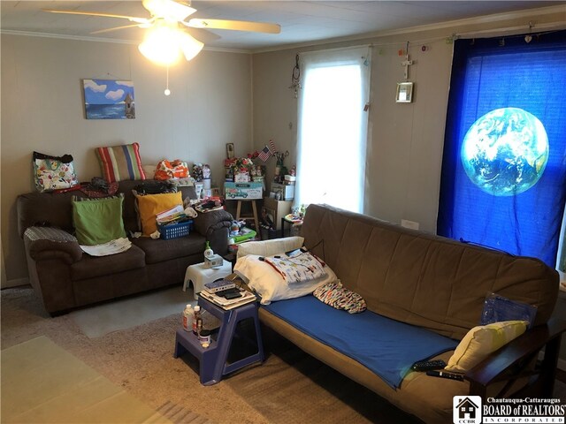 living room with ornamental molding, plenty of natural light, and ceiling fan