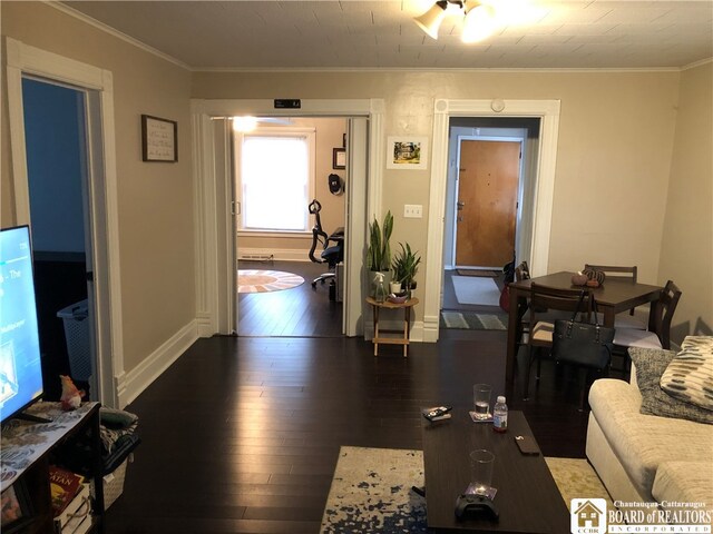 living room featuring ornamental molding and dark hardwood / wood-style floors