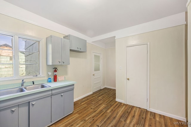 kitchen with gray cabinets, sink, and dark hardwood / wood-style floors