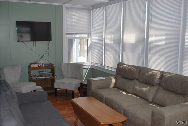 living room with crown molding and wood-type flooring