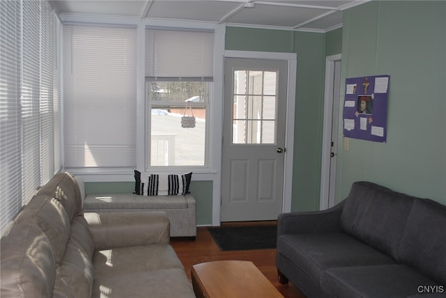 living room with wood-type flooring and crown molding