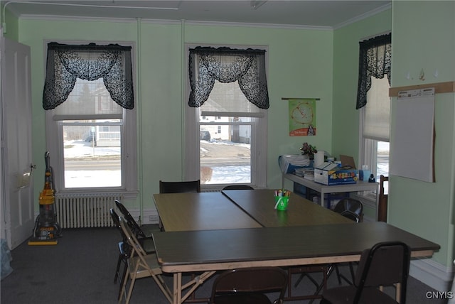 dining area featuring carpet floors, ornamental molding, and radiator