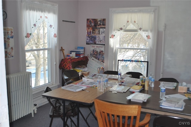 carpeted dining space featuring radiator heating unit