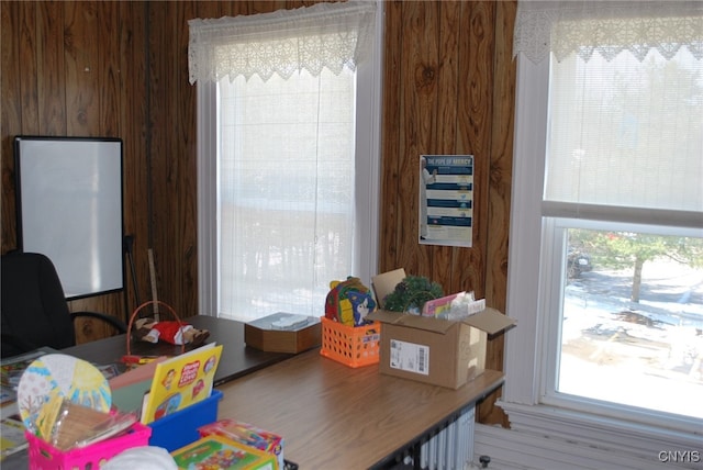 rec room featuring hardwood / wood-style flooring and wooden walls