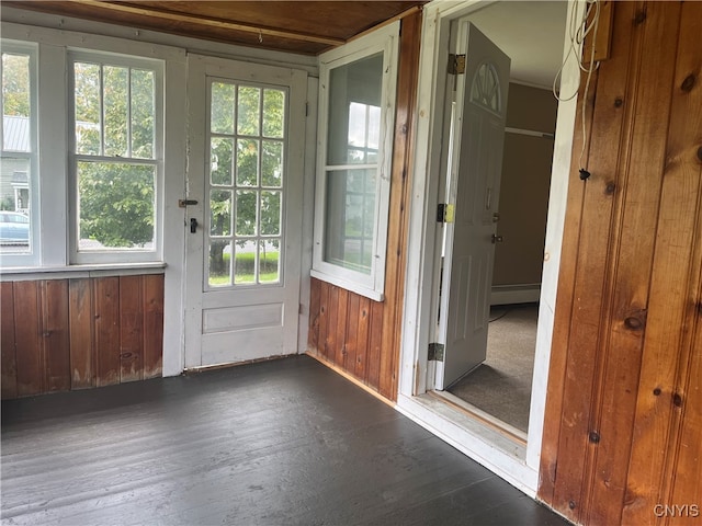 entryway with wooden walls, a baseboard radiator, and dark hardwood / wood-style floors