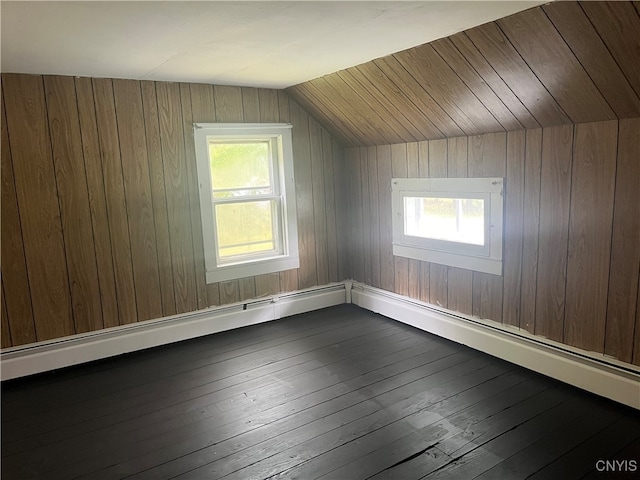 additional living space with lofted ceiling, dark hardwood / wood-style floors, wooden walls, and a wealth of natural light