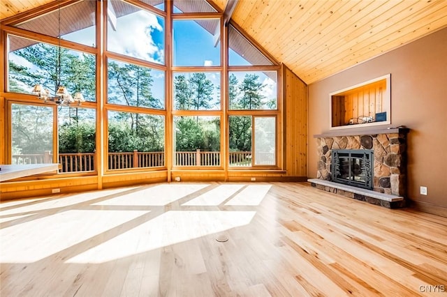 interior space featuring wooden ceiling, high vaulted ceiling, hardwood / wood-style flooring, a fireplace, and beam ceiling